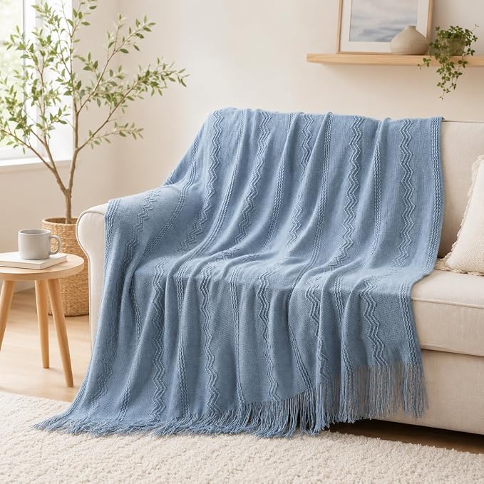 BATTILO HOME Light Blue Throw Blanket for Couch, 50"x60" | Soft Knit Throws with Tassels for Home Decor, Blue Grey Throw Blanket for Bed Sofa