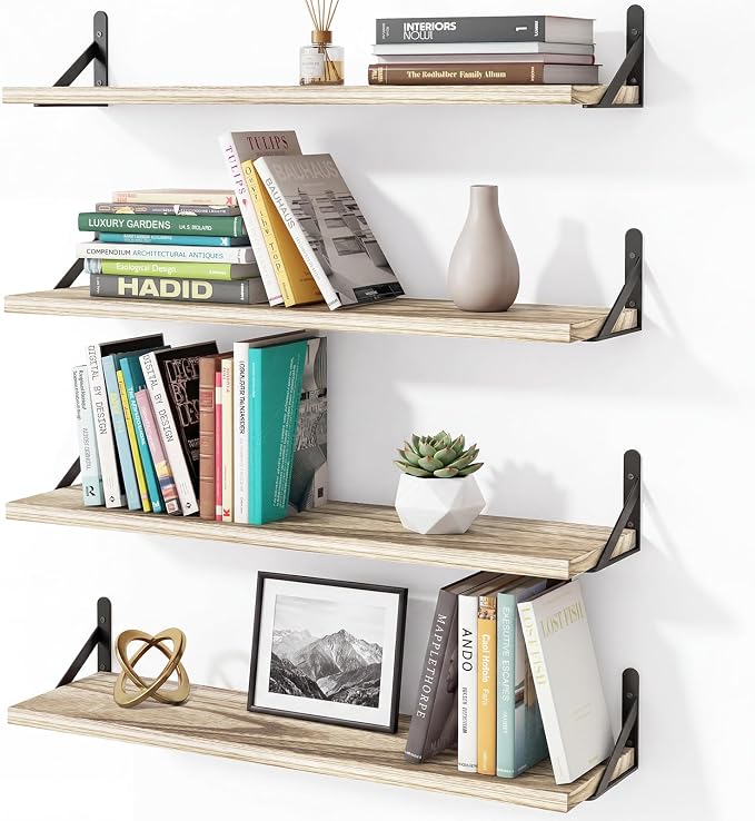 YGEOMER Floating Shelves for Wall, 23in Light Carbonized Brown Wall Shelves for Living Room, Bathroom, Bedroom, Kitchen, Home Decor (Set of 4)