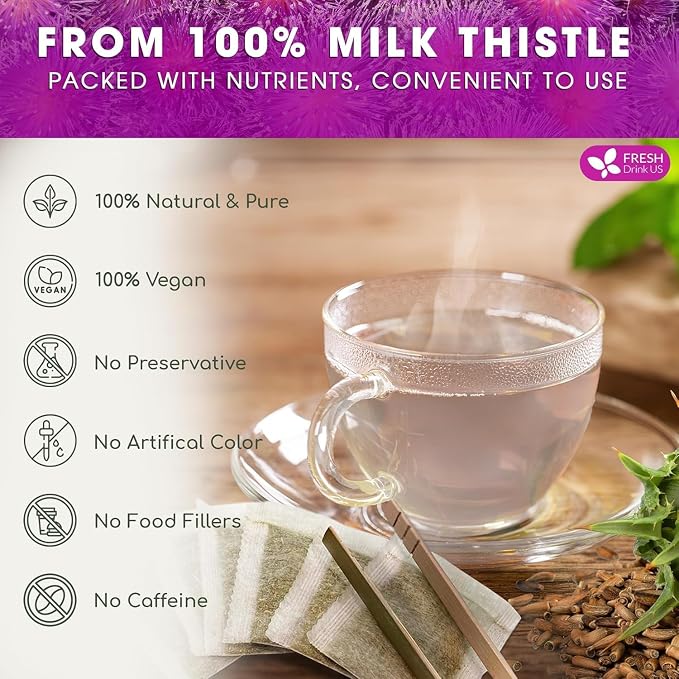 Premium 135 Milk Thistle Tea Bags, 100% Natural & Pure from Milk Thistle Seeds. Made with Natural Material Tea Bags. No Sugar, No Caffeine, No Gluten, Vegan, Promote Cleansing & Wellness - With Antioxidants & Minerals