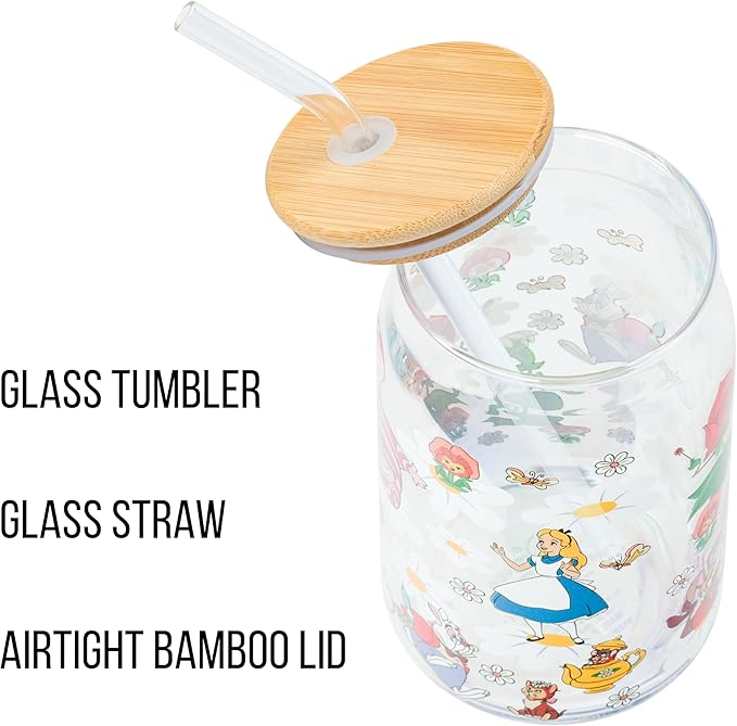 Silver Buffalo Disney Alice in Wonderland Wild Flower Glass Tumbler with Bamboo Lid and Glass Straw Featuring Alice, White Rabbit, Cheshire Cat, Dinah, Dormouse, and March Hare, 16 Ounces