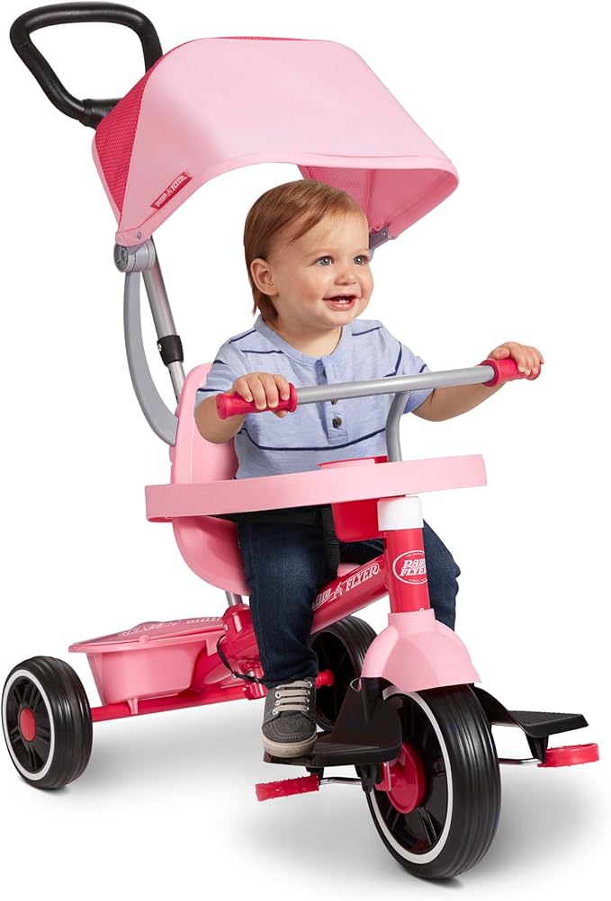 Radio Flyer Stroll N Trike Grows with Child, Converts from Parent Steering to Pedaling for Ages 1-5, Features Safety Harness, UV-Protection Canopy, Cup Holder, Toy Storage, and More, Amazon Exclusive
