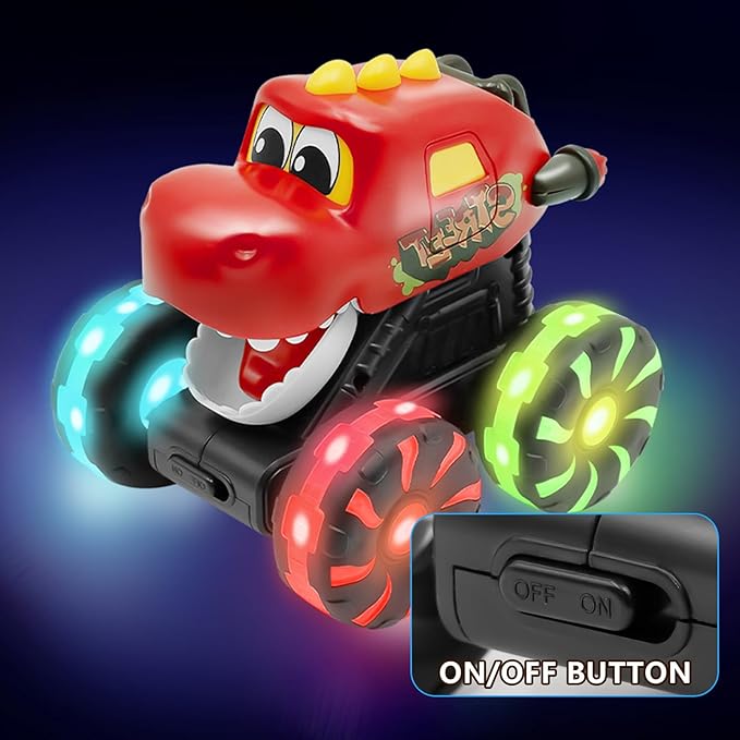 Red Chomping Dino Monster Truck Toy – Press and Go Car with LED Light Wheels – Light-Up Push Car for Toddlers Boys Girls Ages 2 3 4 5 – Dinosaur Toy with Moving Mouth Action