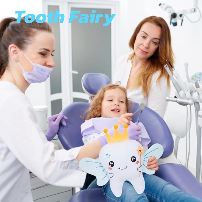Tooth Fairy Plush Holder Gift – 12 Inch Tooth Pillow Crown Blue Wings Star Wand Kids' Tooth Fairy Gift for Boys Girls with Pocket