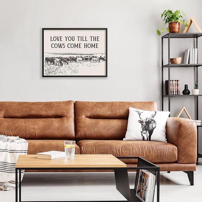 I Love You Till The Cows Come Home Wall Art Black And White Western Cowboy Poster 24X36 inch Black Framed Southwestern Country Animal Canvas Prints Farmhouse Living Room Wall Decor