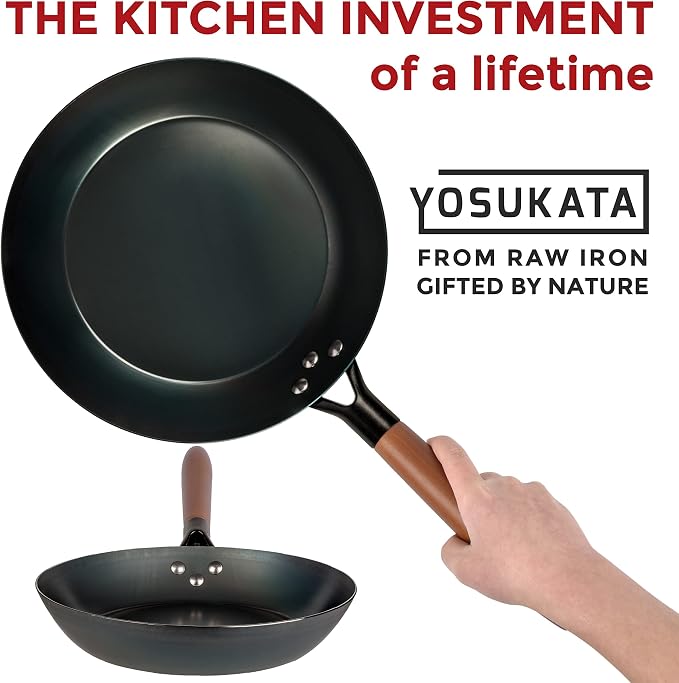 YOSUKATA 10 1/4" Carbon Steel Frying Pan – Non-Toxic Pre-Seasoned Skillet with Removable Wooden Handle – Coating-Free Wok-Style Pan for Gas, Induction, Electric, Oven & Grill BBQ