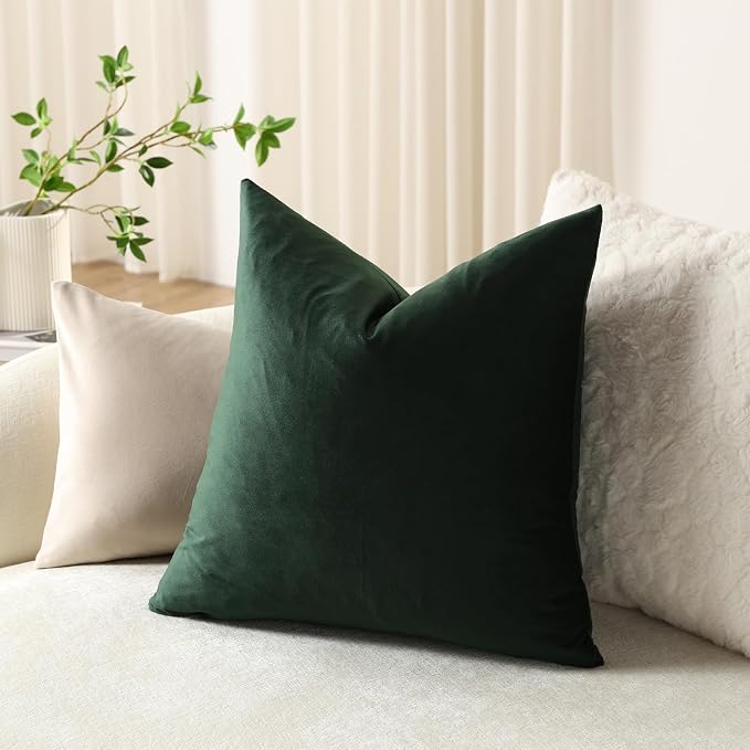 Euro Sham Covers 26x26 Dark Green: Pack of 2 Cozy Soft Velvet Square Modern Luxury Decorative Throw Pillow Cases for Sofa Couch Living Room Bed Home Decor
