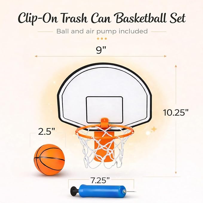 ArtCreativity Mini Basketball Hoop Trash Can Set, Includes Clip-On Hoop with Backboard, Inflatable Ball and Pump, Fun Basketball Stocking Stuffers for Kids, Office Toys for Adults, Classroom Games
