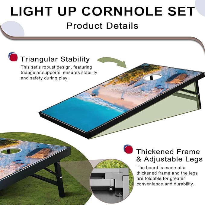 LED Cornhole Set, 3 x 2ft / 4 x2 ft Cornhole Board Game Set, Corn Hole Outdoor Game, Multi-Design with Light-Up Border, 8 Bean Bags, Carrying Case for Backyard, Beach, Lawn