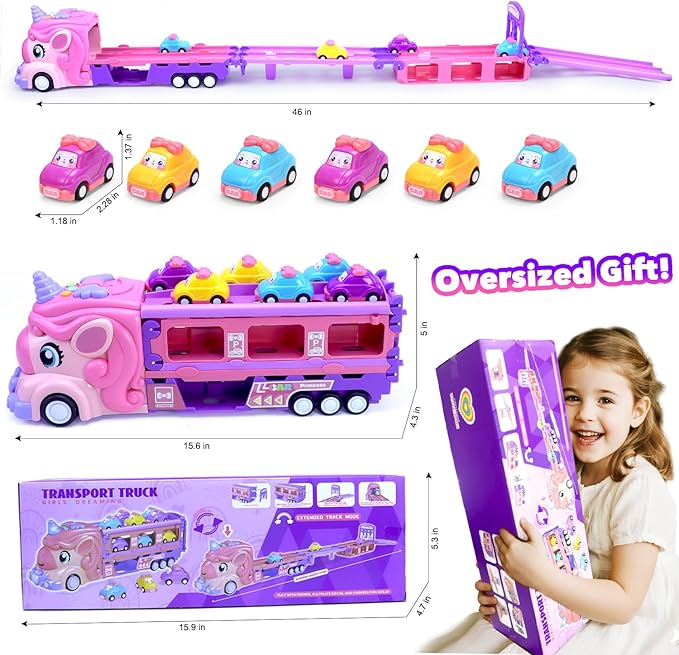 Unicorn Truck Toys for 2 3 4 5 6 7 Year Girl Toddler Foldable Track 2 Player Race Mode Friction Power Toy Cars Light&Sound Push Transport Carrier W/ 6 Princess Cars Birthday Gift Idea for Kids Girls
