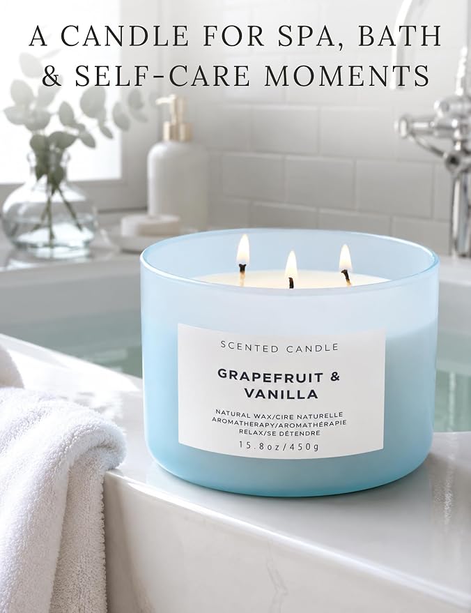 Grapefruit Vanilla 3-Wick Soy Candle | 15.8 oz Large Scented Candle for Home | Highly Scented Aromatherapy Candle for Women | Luxury Citrus Vanilla Candle Gift | Clean Burn Long Lasting
