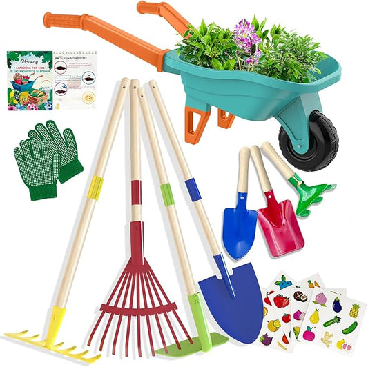 Qtioucp Kids Gardening Set with Wheelbarrow, Real Metal Garden Tools for Kids Ages 3-8, 4 Long Handle Tools, 3 Hand Tool, Gloves, 5 Stickers, Handbook, Outdoor Backyard Toys for Toddler Gift