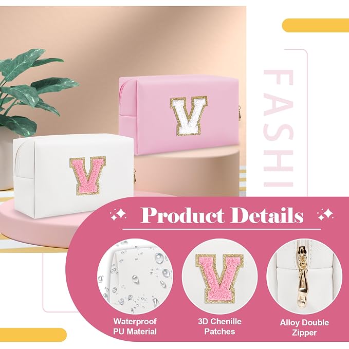 Personalized Makeup Bag Initial A-Z Preppy Patch Bag,Small PU Leather Travel Cosmetic Bag Pouch with Zipper,White Cute Toiletry Bag,Gift Ideal for Teen Girls Women Birthday Friend Mom,Letter V