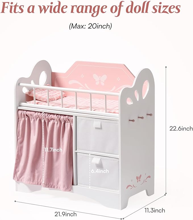 ROBOTIME Baby Doll Crib, Wooden Doll Bed, Toy Baby Crib with Storage, Bedding, and Wooden Hooks, Doll Crib Fits Dolls up to 21", Doll Furniture for American Girls Ages 3+ (Pink)