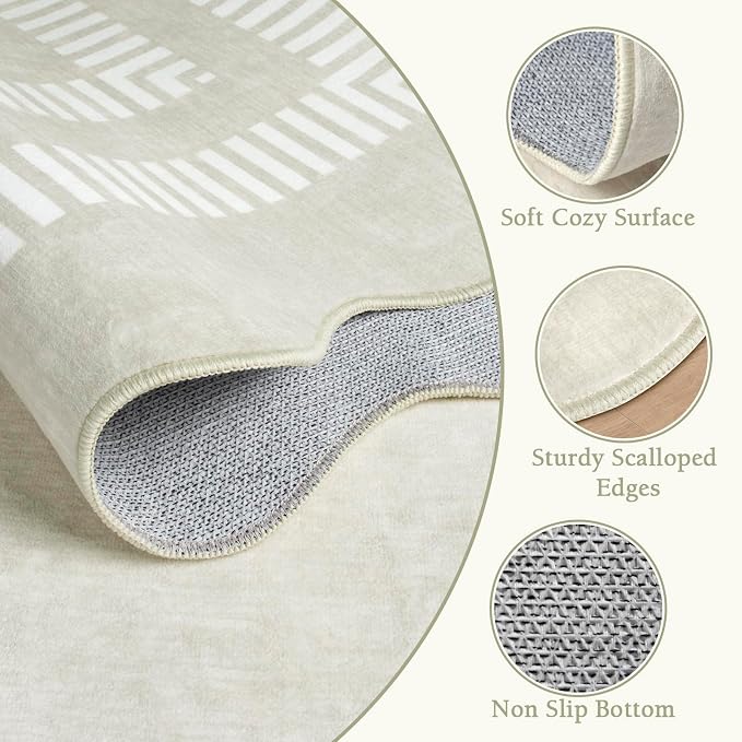 Washable 3x5 Indoor Entryway Rug, Neutral Beige Soft Non Slip Rugs Stain Resistant Scalloped Carpet for Bedroom Kitchen Nursery Home Office