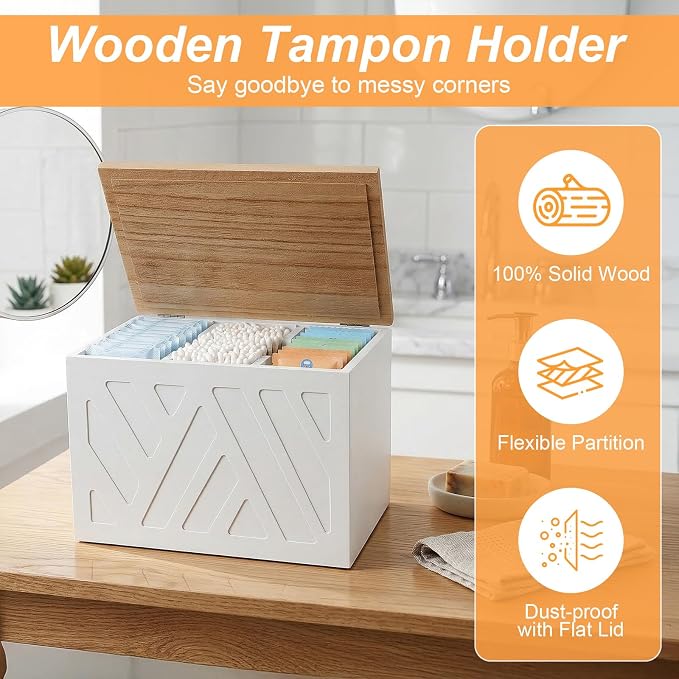 Tampon Holder for Bathroom, Feminine Products Organizer with Lid Wooden Shark Week Tampon Storage for Bathroom, Bedroom, Toilet (White)
