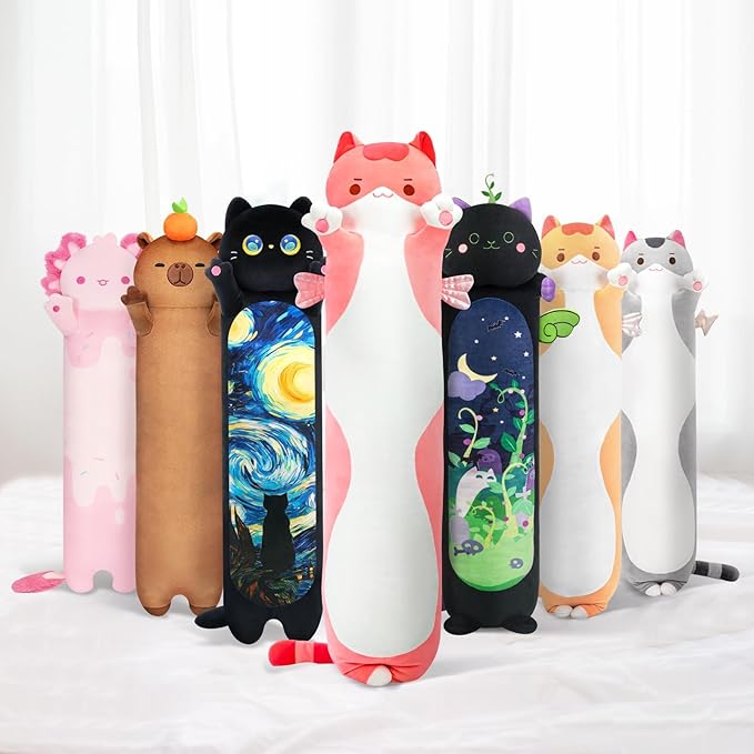 Long Cat Plush 5 Sizes, 120% Extra Filling Giant Plushness Kids Body Pillow, Kawaii Cute Pink Cat Stuffed Animals Plushies, Big Long Body Pillow Cat Plush Gift for Girls 28”