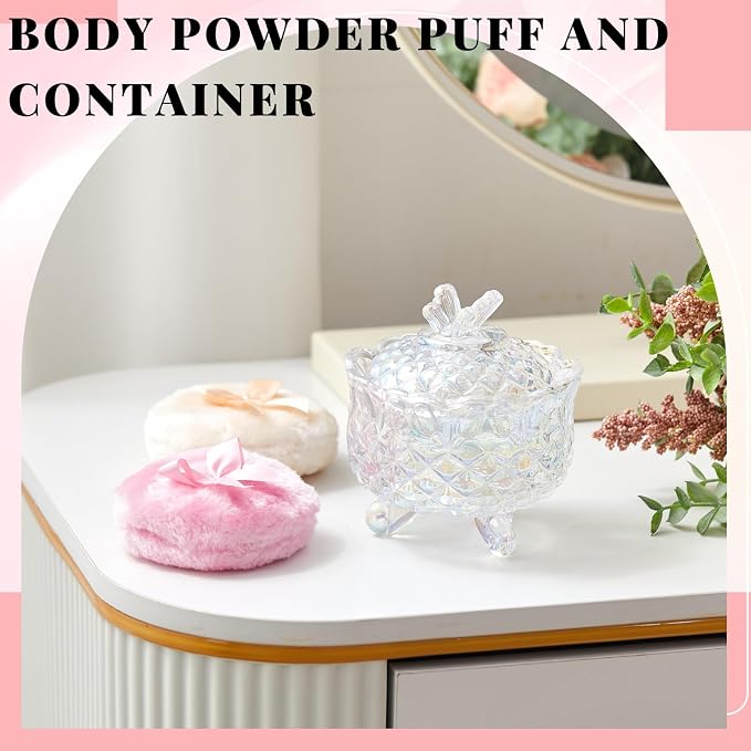 Tioncy 3 Pcs Large Body Powder Puff and Container Valentine's Day gift Powder Container with Puff Crystal Case Soft Washable Reusable Velour Face Body Glitter Wet Dry Makeup(Butterfly,Glitter)