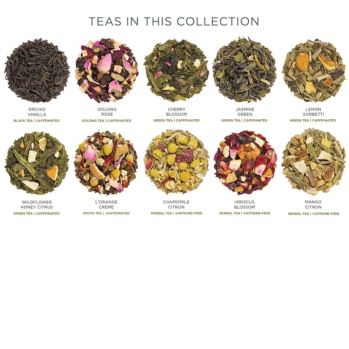Tea Forte Premium Petite Presentation Box Gift Set Sampler, 10 Count, 2 of Each Blend Individually Wrapped Handcrafted Pyramid Infuser Bags, Jubilee