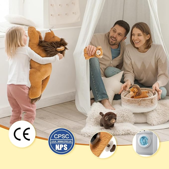 MaoGoLan 4 Pcs Lion Stuffed Animal Set - 19.6'' Lion Plush Toy with 3 Babies in Hers Zippered Back, Charming Gifts for Kids, Suitable for Birthday Christmas Festive Decorn
