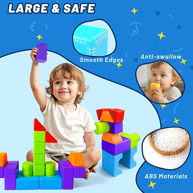 Magnetic Blocks for Kids, Magnet Building Blocks - Large 1.65 Inch Magnetic Cubes & Multiple 3D Shapes, Montessori & Sensory Stacking Toys for Boys & Girls Ages 3+ (22PCS)
