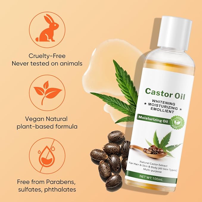 Castor Oil with Squalane, Jojoba & Olive Oils - Glow Moisturizing Emollient for Hair, Skin & Body, Multi-Purpose Moisturizer with Natural Antioxidants, 3.38 Fl Oz