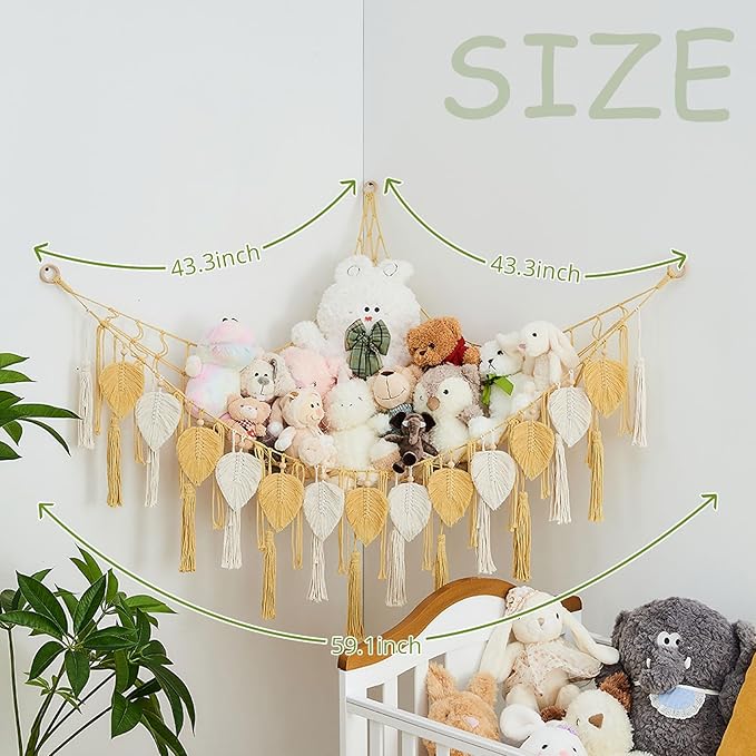 Pretty Jolly Stuffed Animal Storage with Hand Woven Leaf Tassels Hammock Corner Hanging Net Boho Macrame Plush Storage for Kid Room Nursery Decor Wall Display Organizer for Girls Boy Gift(Yellow)