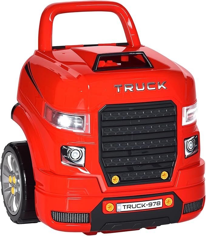 Qaba Truck Engine Toy, Kids Mechanic Set with Lights, Sounds, Steering Wheel and Horn, Pretend Car Service Station Play with 61-Piece Included, Toy Engine Building Kit for Kids Aged 3+, Red