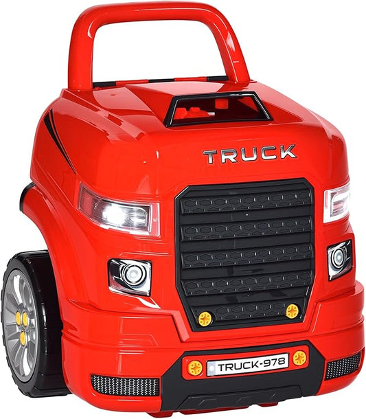 Qaba Truck Engine Toy, Kids Mechanic Set with Lights, Sounds, Steering Wheel and Horn, Pretend Car Service Station Play with 61-Piece Included, Toy Engine Building Kit for Kids Aged 3+, Red