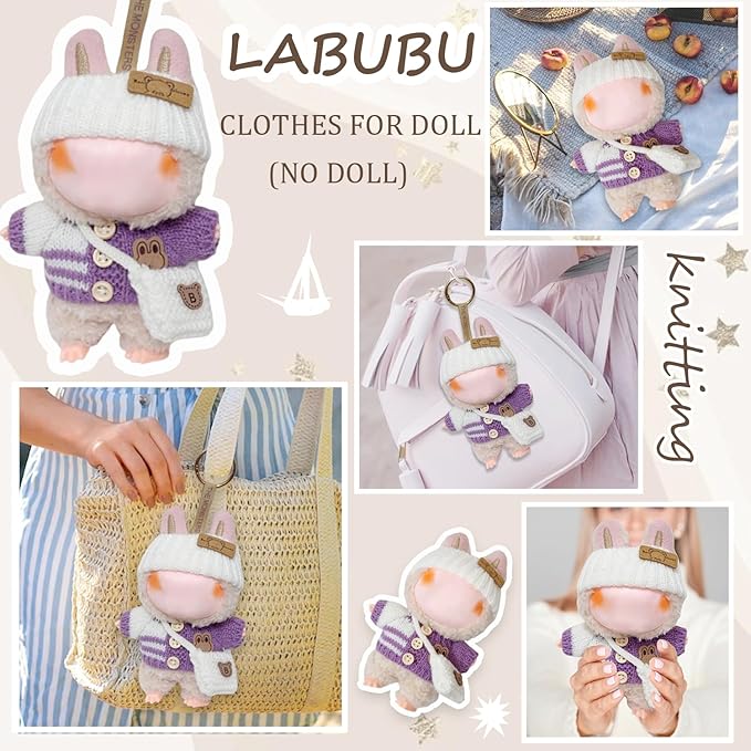 Clothes for 17cm Dolls Accessories Crochet 3 Piece Set Outfits for Doll(Purple Sweater)