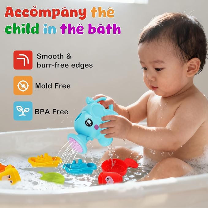 Baby Bath Toys for Kids Ages 1-3, 16 PCS Mold Free Bath Toys for Toddlers with Floating Boats,Watering Can,Water Cup Set& Bath Spoons, Bathtub Water Pool Toys for Babies and Toddlers