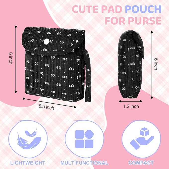 Bow Corduroy Sanitary Pad Pouch Soft Discreet Pad Bags for Period for Women Cute Nursing Pad Holder Menstrual Cup Tampon Pouch First Period Gift Feminine Bag (Black)