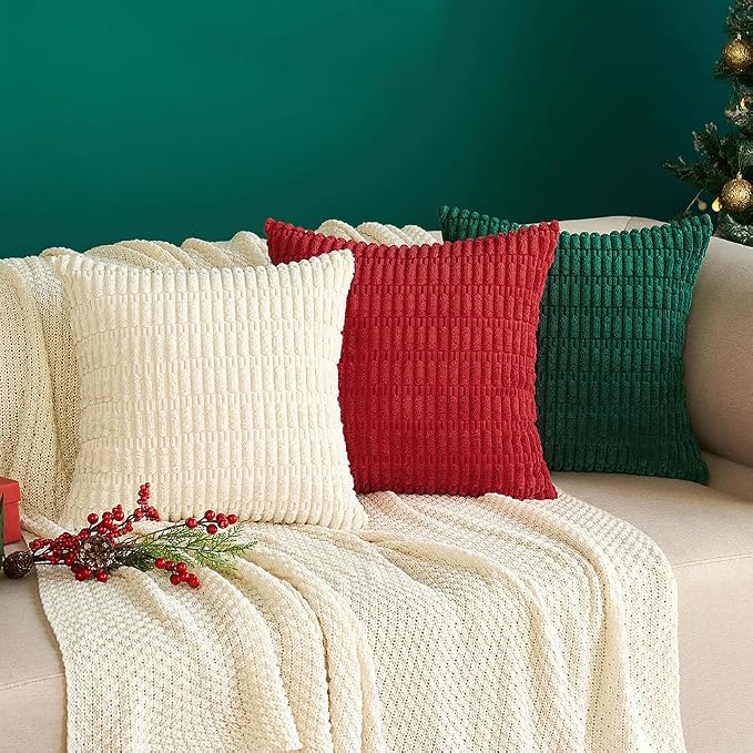 MIULEE Corduroy Decorative Throw Pillow Covers 20x20 Red Pack of 2 | Soft Boho Striped Pillow Covers Modern Farmhouse Home Decor For Sofa Living Room Couch Bed