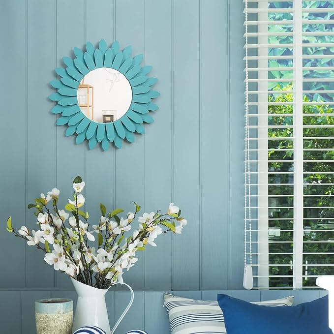 Beach Wall Decor Mirror 2 Pack 12 inch Wood Coastal Wall Decor Sunburst Boho Home Decor Room Decor for Bedroom Living Room Entryway Cyan