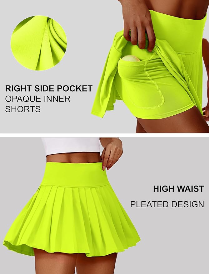 PINSPARK Pleated Tennis Skirts Mini Athletic Golf Skorts with Pocket | 14", High Waist, Lightweight, Quick Dry, Stretchy, Inner Shorts, Sun Protection, Pickleball, Casual, for Women