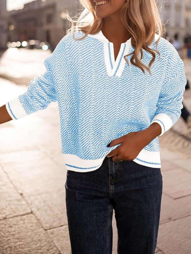 Saodimallsu Womens Fall Sweaters Tops Lapel V Neck Knit Color Block Shirt | Winter,Long Sleeve,Casual,Soft,Pullover,Cozy,Ribbed,Ladies,Chunky,Warm Sweaters,Checkered,Tunic,Work