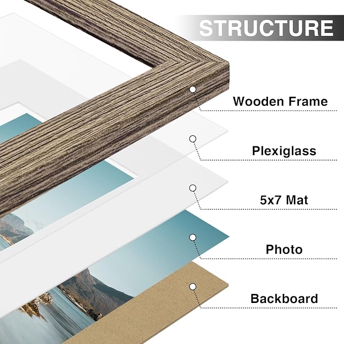 Vittanly 8x10 Picture Frames Set of 9, Wall & Tabletop, Grayish Brown | Display Pictures 5x7 with Mat or 8x10 without Mat, Small Photo Frames, Engineered Wood with Shatter Resistant Plexiglass