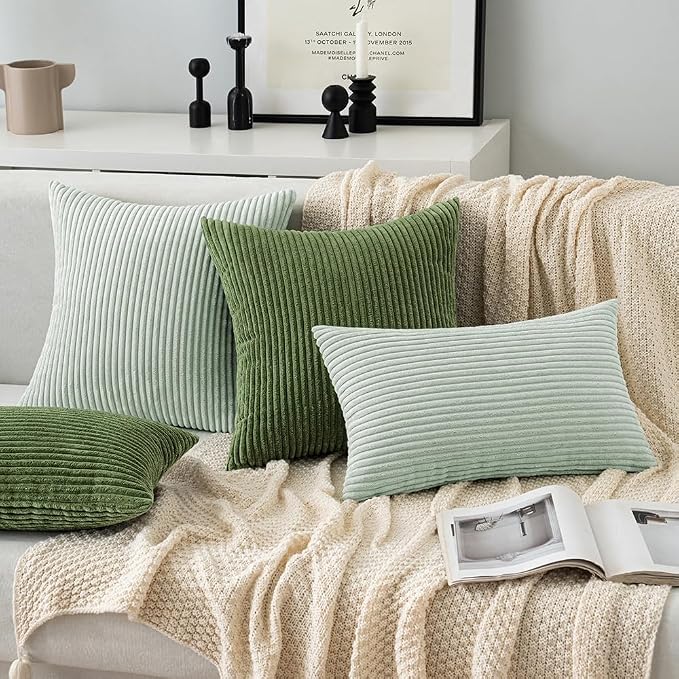 MIULEE Lumbar Corduroy Throw Pillow Covers Set of 2 12x20 Moss Green | Decorative Soft Striped Textured Cushion Cases, Boho Pillowcases for Home Decor, for Couch Chair Sofa Bed Living Room
