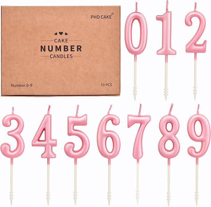 PHD CAKE 10-Pieces Pink Numeral Birthday Candles, Cake Numeral Candles Number 0-9 Glitter Cake Topper Decoration for Birthday,Wedding Anniversary,Party Celebration