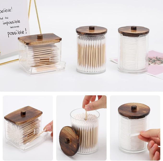 Tbestmax Bathroom Organizer Accessories Set-10 OZ Qtips Holder Storage with Wood Lids, Cotton Ball/Swabs Dispenser, Apothecary Container Jar 3 Pcs