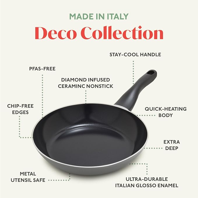 Deco 9.5” Nonstick Frying Pan Skillet, Made in Italy, Diamond Ceramic PFAS-Free, Dishwasher & Metal Utensil Safe, Durable Gloss Enamel Finish, Stay-Cool Handle, High Walls-Extra Room, Gray