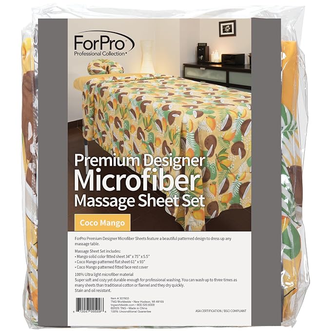ForPro Premium Designer Microfiber 3-Piece Massage Sheet Set, Coco Mango, Ultra-Light, Stain and Wrinkle-Resistant, Includes Flat and Fitted Sheets and Face Rest Cover