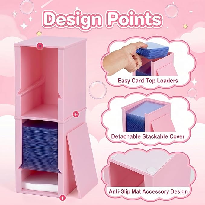 Toploader Dispenser & Penny Sleeve Holder - Dual Compartment Holds 250 Penny Sleeves & up to 50 Top Loaders, Stackable Card Storage Box with Dustproof Lid (Pink)
