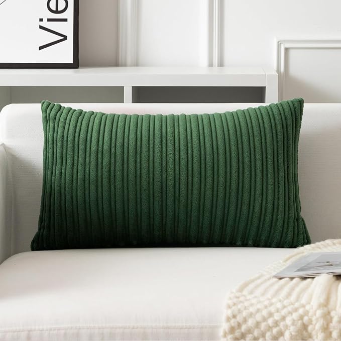 UGASA 12x20 Inch Lumbar Soft Throw Pillow Cover Boho Farmhouse Striped Corduroy Decorative Both Sides Solid Rectangular Cushion Case for Couch Bedroom Sofa Home, 1 Piece, Christmas Green