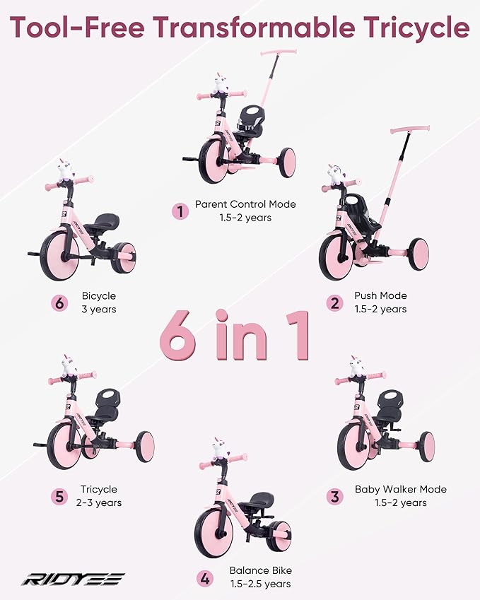 5-in-1 Toddler Tricycle for Ages 1.5–3, Parent Steering Push Trike, Tool-Free Convertible to Balance Bike, Safety Belt, Removable Backrest and Footrest, Ride-On Toy for Boys & Girls, Pink