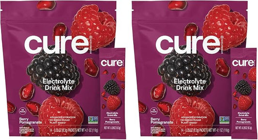 Cure Hydration | Plant-Based Electrolyte Drink Mix | No Added Sugar | Dehydration Relief Powder Made with Coconut Water | Non-GMO | Vegan | Pouch of 28 Packets - Berry Pomegranate