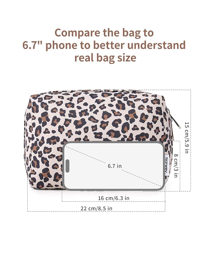 Narwey Cute Cheetah Makeup Bag Travel Cosmetic Bag Organizer Toiletry Bag Make Up Bags with Compartments for Women Girls (Large, Beige Leopard)