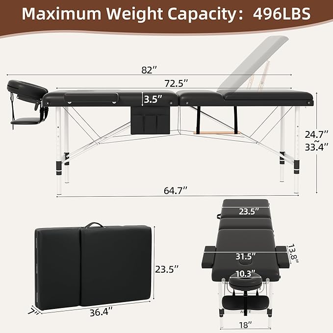 ABET Massage Table, 3 Fold Portable Professional Lash Tattoo Spa Bed, Height Adjustable 23.5" Wide Compact Facial Table with Detachable Oil Pocket Towel Rod Face Cradle Armrest, Aluminum Feet & Black