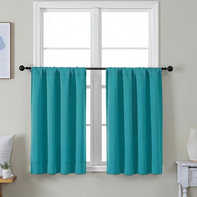 Simplebrand Ava Teal Short 36 Inches Blackout Curtain 2 Panels Set, Half Window Rod Pocket Privacy Curtain Tiers for Kitchen, Curtains Blackout for Bathroom Shades, W40 x L36 Inch, Teal