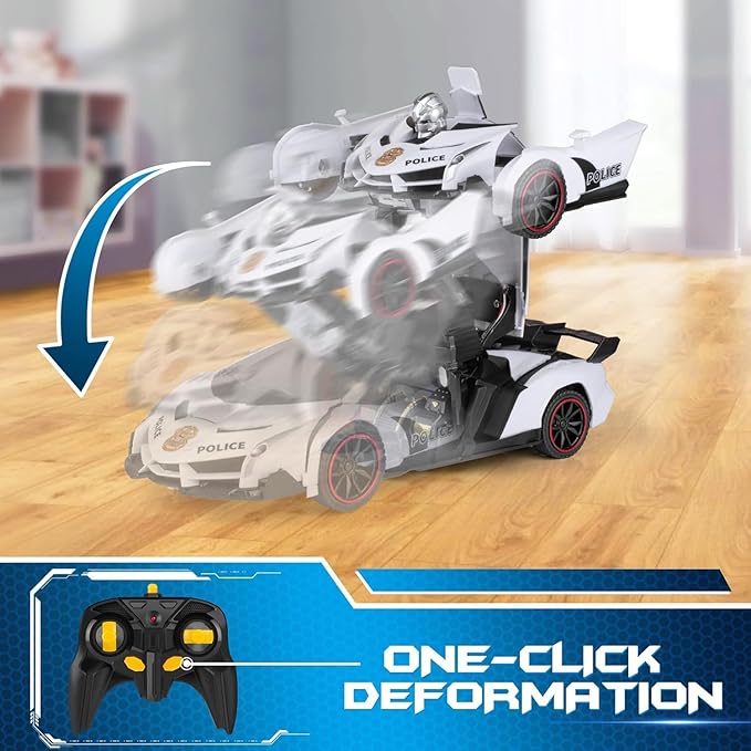 Remote Control Car - Transforming Toy Car Robot, One-Button Deformation with Flashing Lights 2.4GHz 1:18 Scale Transforming Police Car with 360-Degree Rotation Toys for Boys and Girls