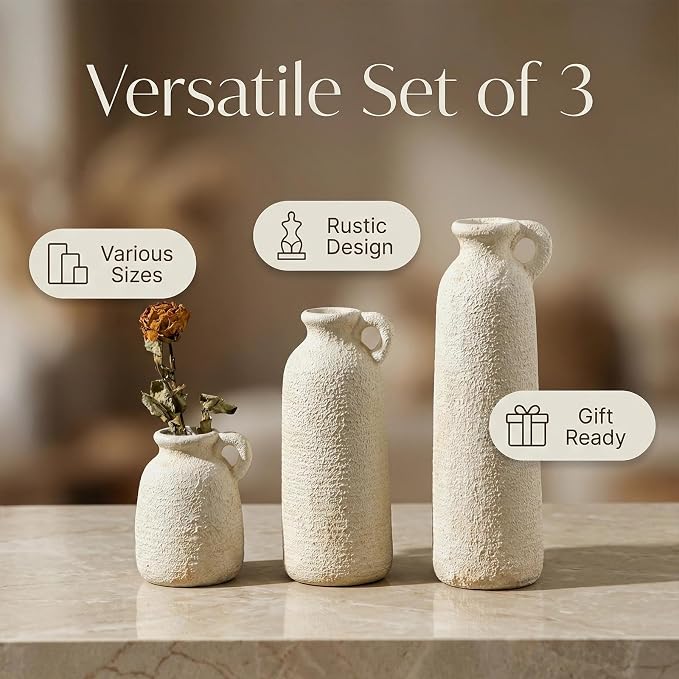 White Ceramic Vase Set of 3, Modern Rustic Flower Vases, Matte White Bohemian Decor, Farmhouse Home Decor for Living Room Kitchen Table Centerpieces Bedroom Shelf